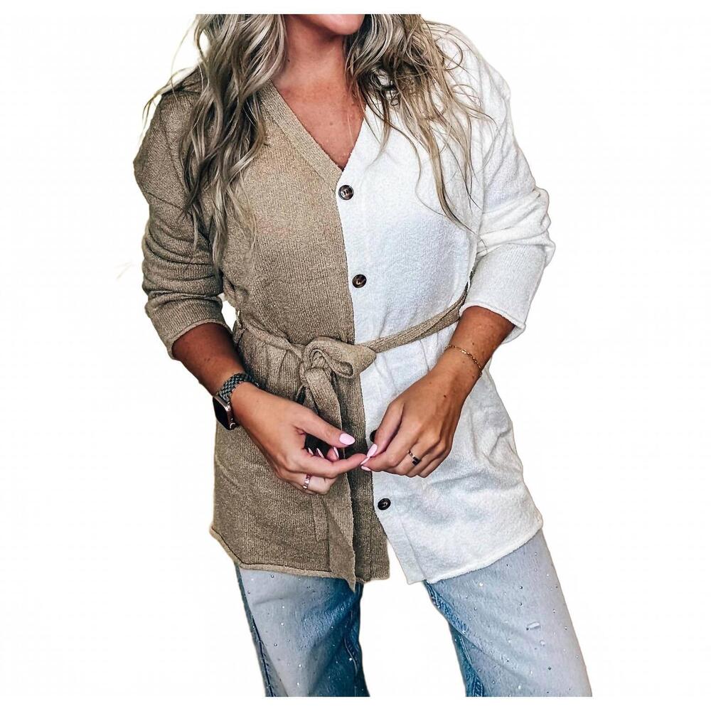 NEW PROMESA colorblock belted cardigan in brown/ white